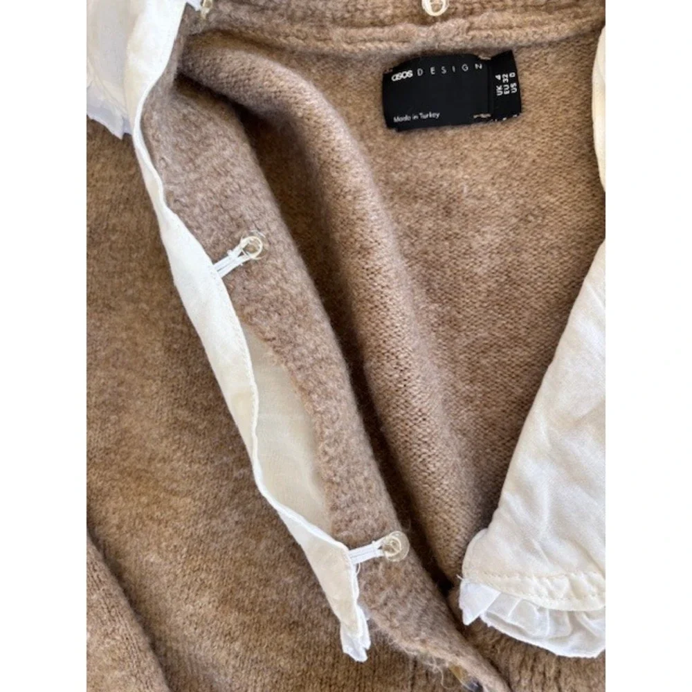 ASOS DESIGN Womens Brown Knit Cardigan Ruffle Collar‎ Sweater Oversized XS - Picture 8 of 15